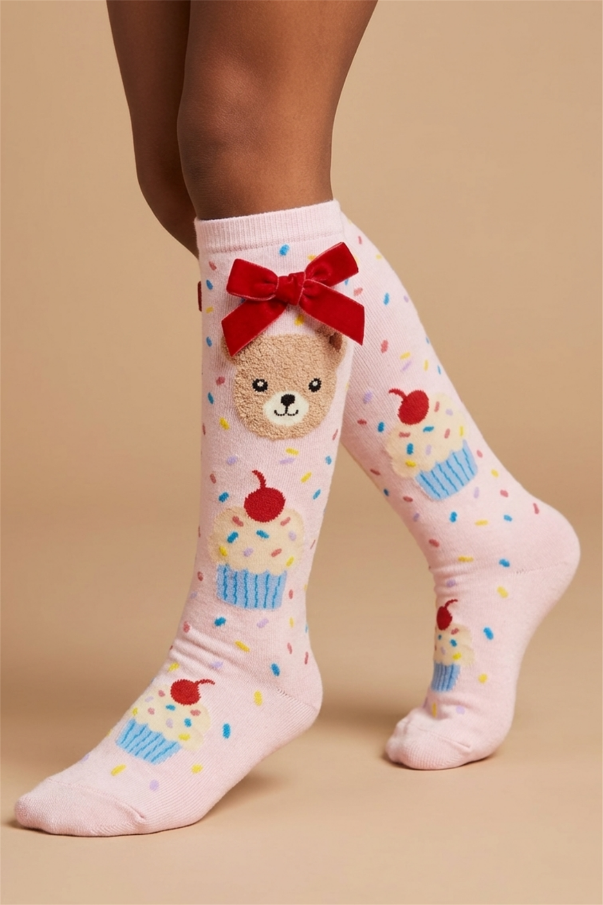 22501G2024 CUP CAKE TEDDY ÇOCUK DİZÜSTÜ ÇORAP Desenli