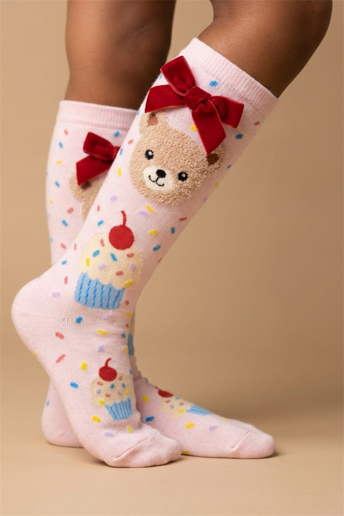 22501G2024 CUP CAKE TEDDY ÇOCUK DİZÜSTÜ ÇORAP Desenli