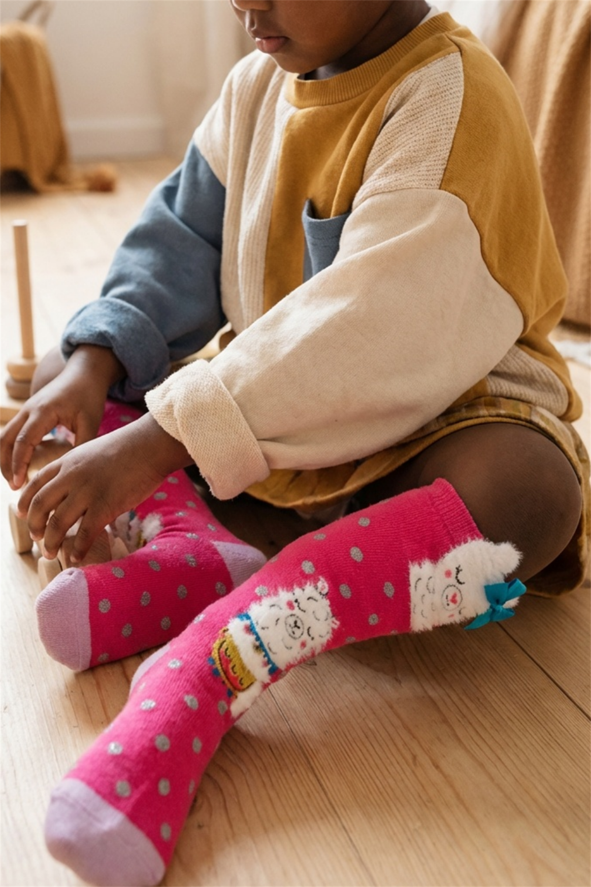 22501G2025 KURDELELİ KUZU ÇOCUK DİZÜSTÜ ÇORAP Desenli