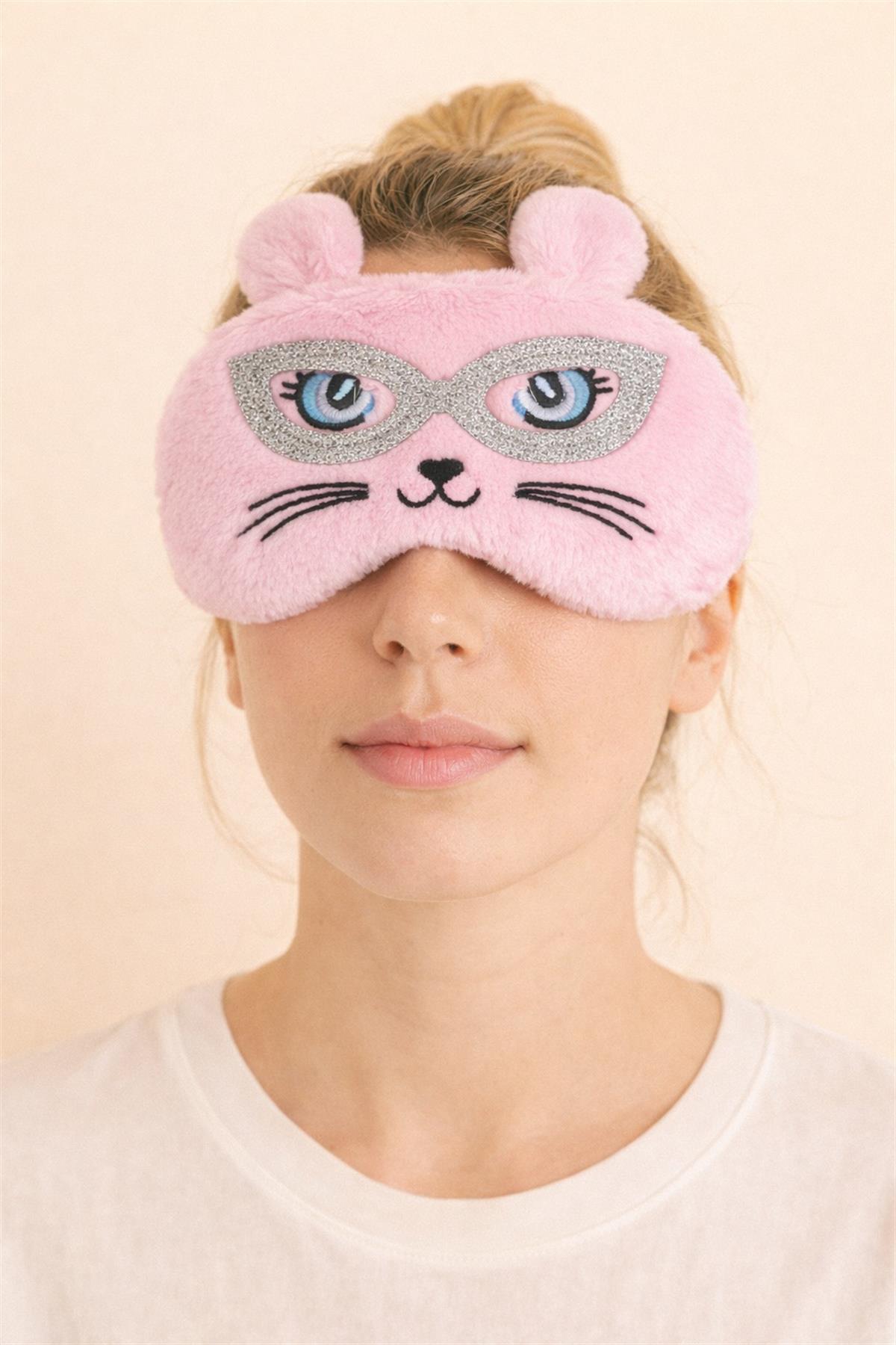 Kedi Desenli Göz Uyku Bandı Pembe