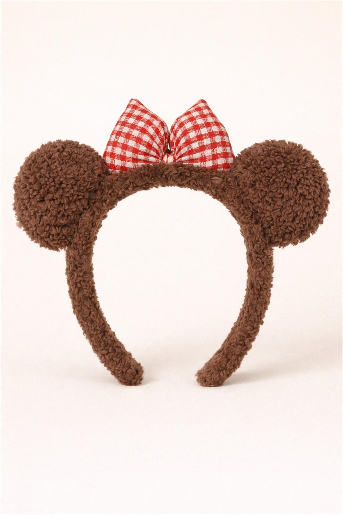 Gingham Check Bow Ear Crown Brown