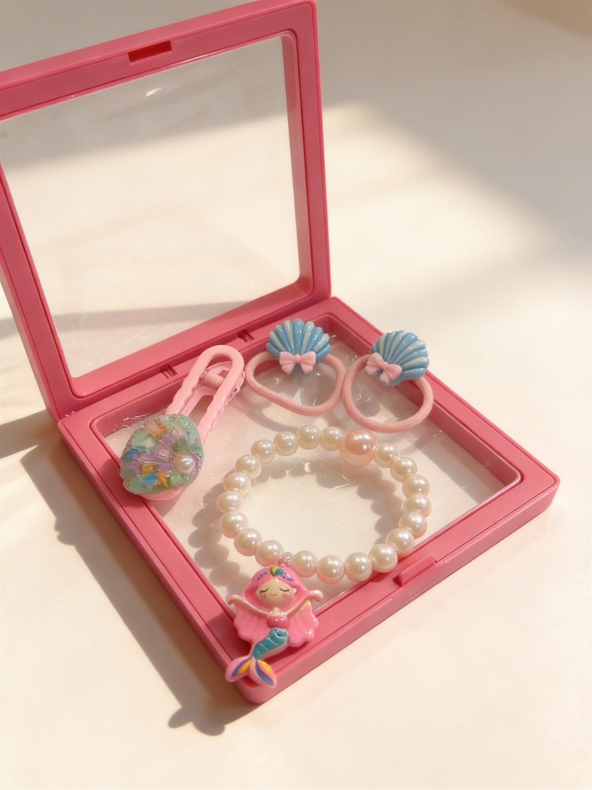 Kız Çocuk 4lü Deniz Kızı Plastik Kutulu Toka Seti Pembe 