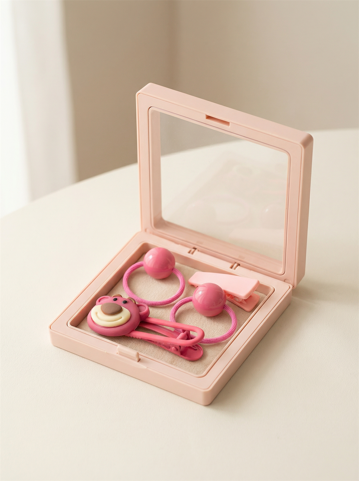 Kız Çocuk 4lü Ayıcıklı Plastik Kutulu Toka Seti  Açık Pembe