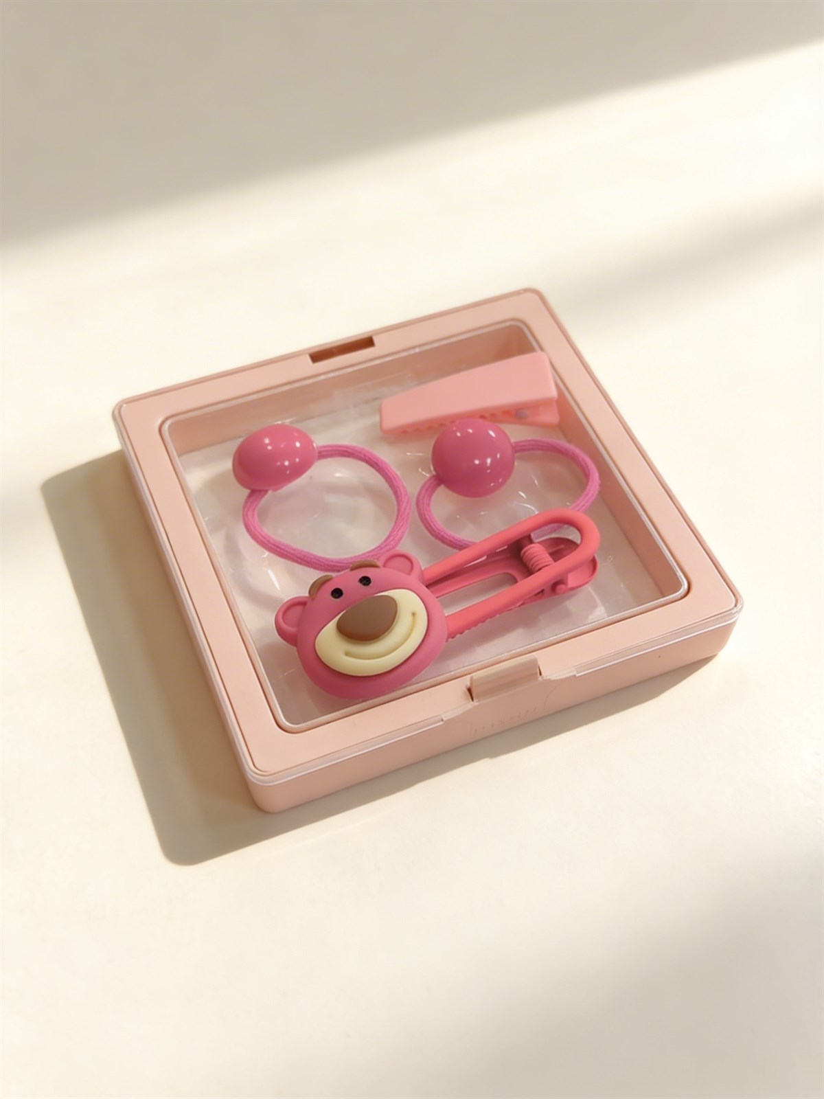 Kız Çocuk 4lü Ayıcıklı Plastik Kutulu Toka Seti  Açık Pembe