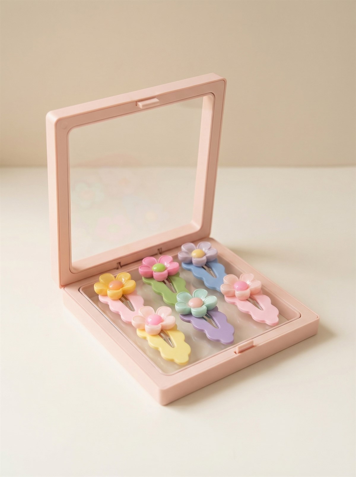 Kız Çocuk 6lı Çiçek Aksesuarlı Plastik Kutulu Toka Seti Açık Pembe