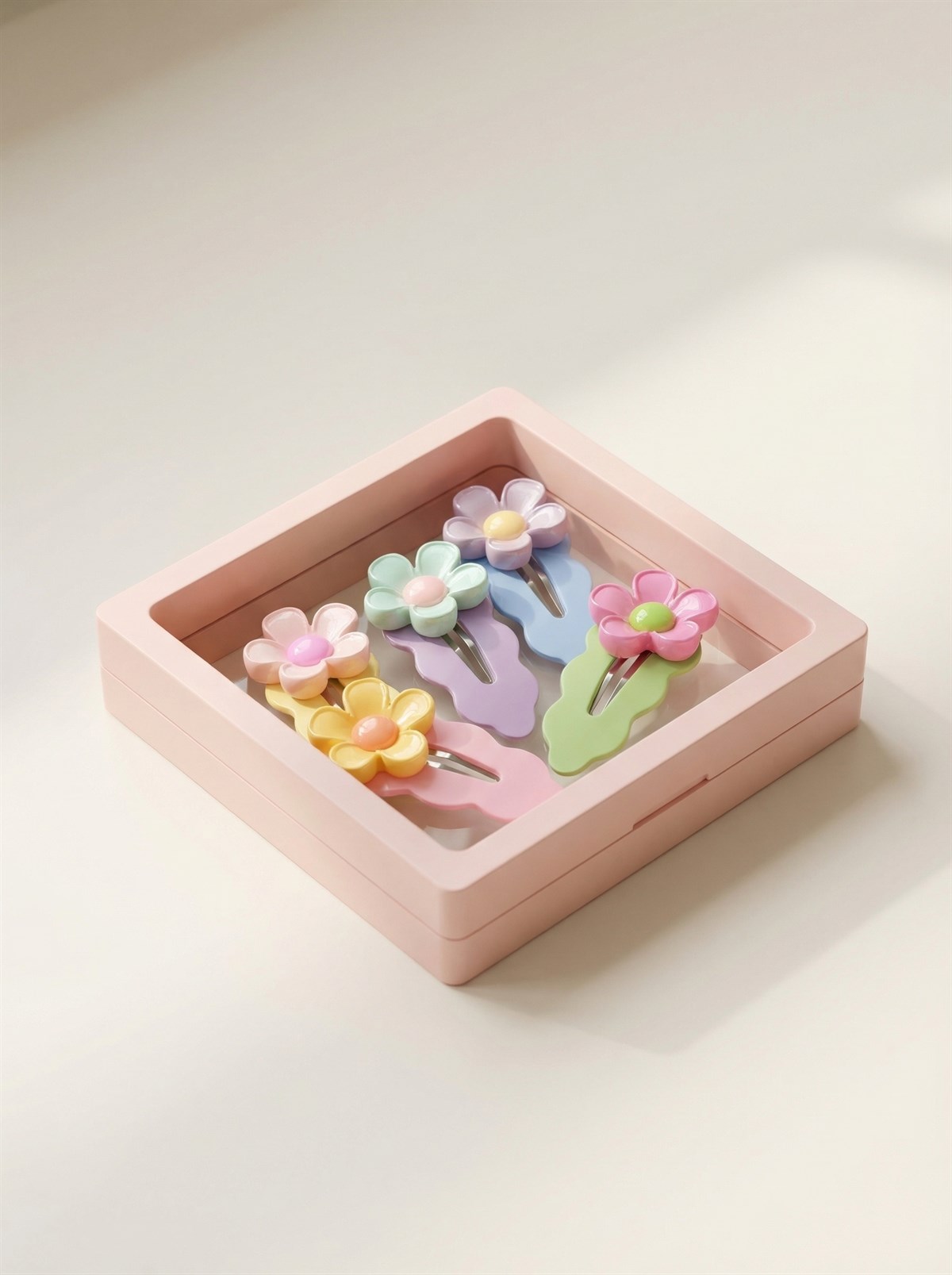Kız Çocuk 6lı Çiçek Aksesuarlı Plastik Kutulu Toka Seti Açık Pembe