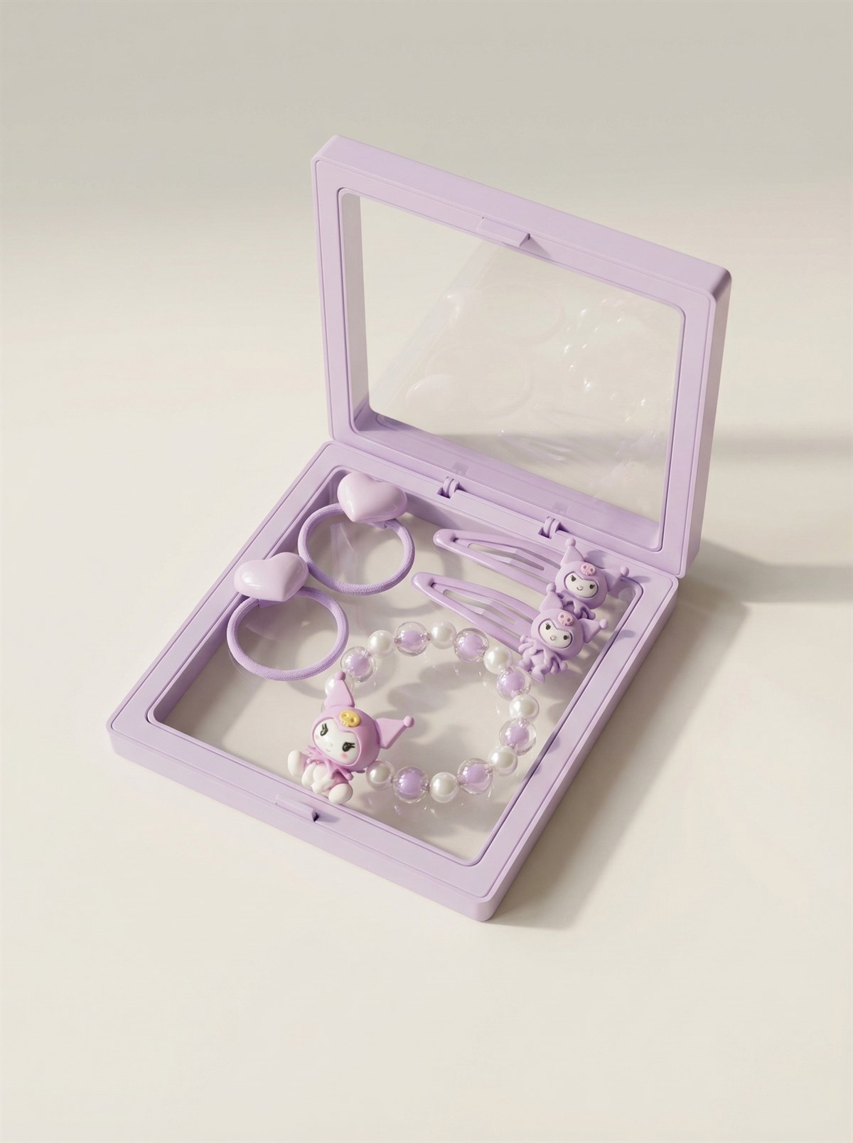 Kız Çocuk 5li Kuromi Plastik Kutulu Toka Bileklik Seti Lila