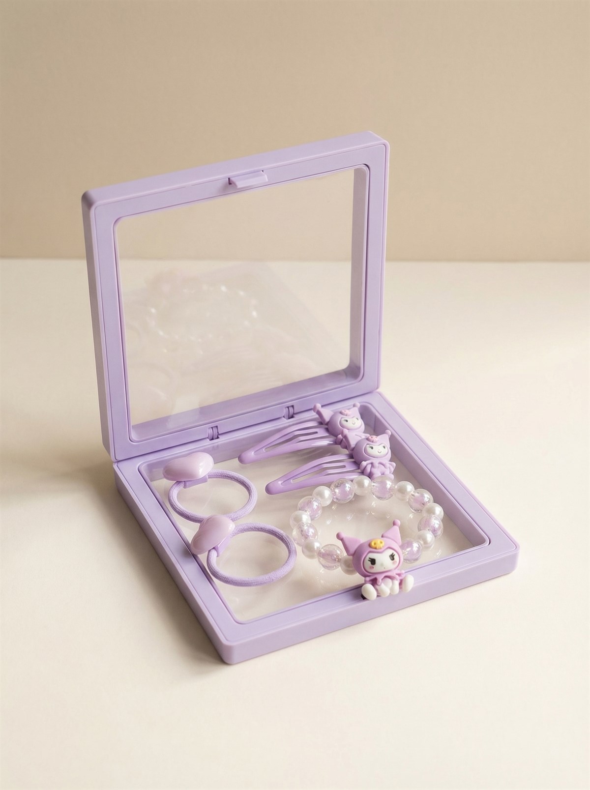 Kız Çocuk 5li Kuromi Plastik Kutulu Toka Bileklik Seti Lila