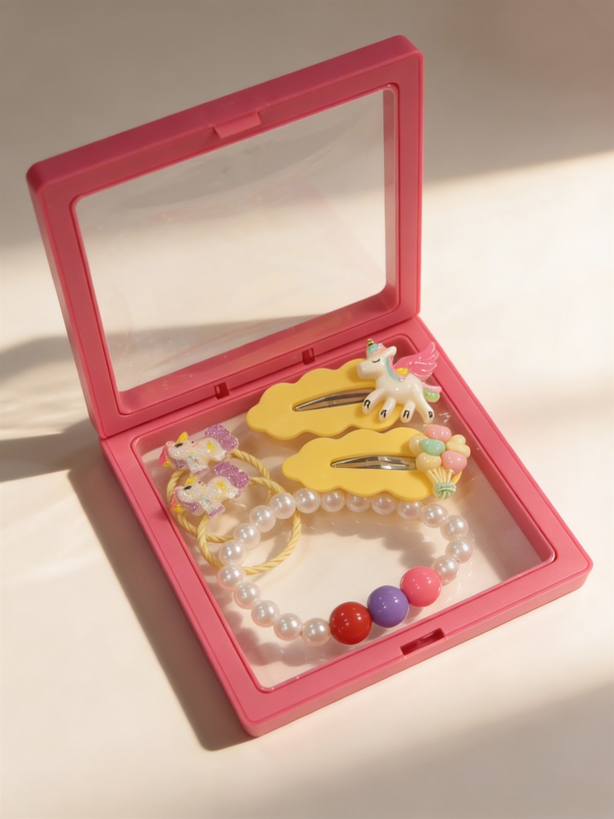 Kız Çocuk 4lü Unicornlu Plastik Kutulu Toka Seti Pembe