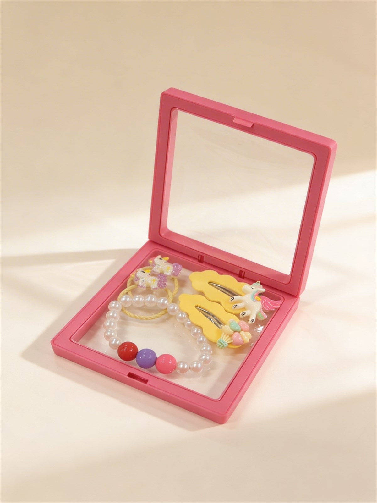 Kız Çocuk 4lü Unicornlu Plastik Kutulu Toka Seti Pembe