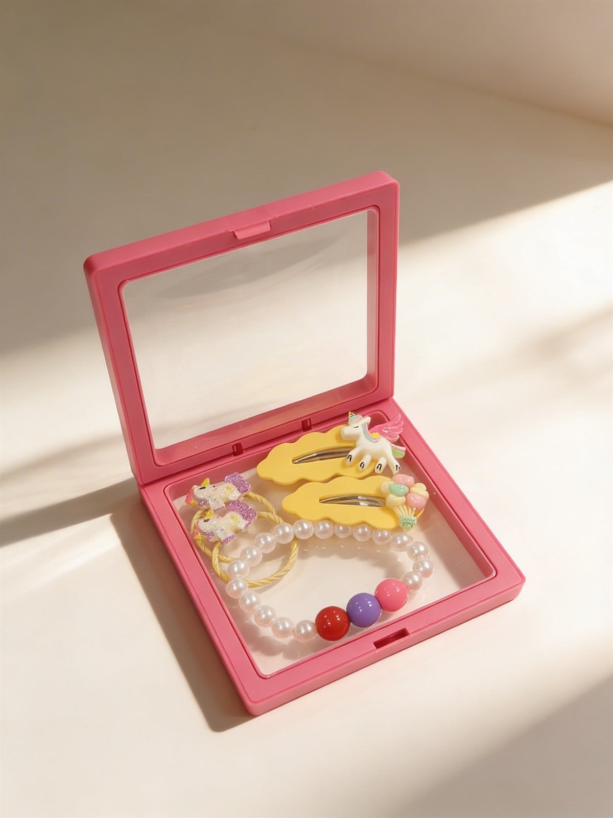 Kız Çocuk 4lü Unicornlu Plastik Kutulu Toka Seti Pembe