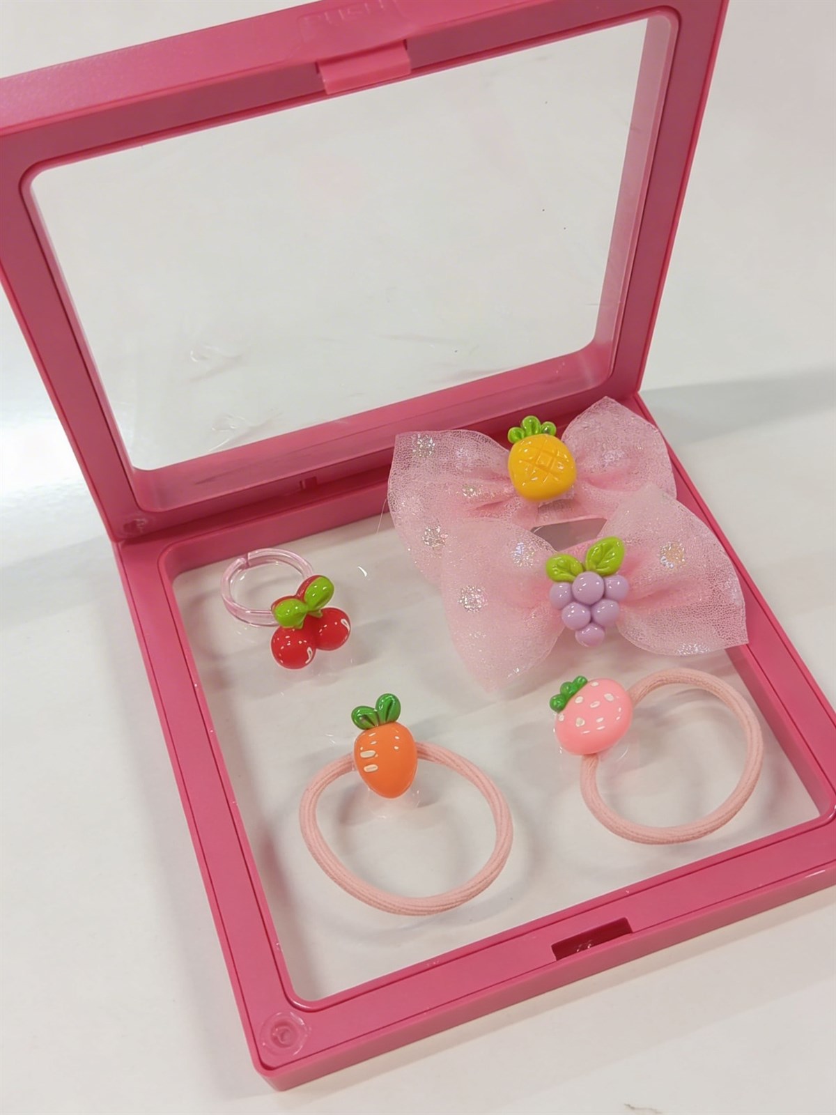 Kız Çocuk 5li Meyveli Plastik Kutulu Toka Seti Pembe