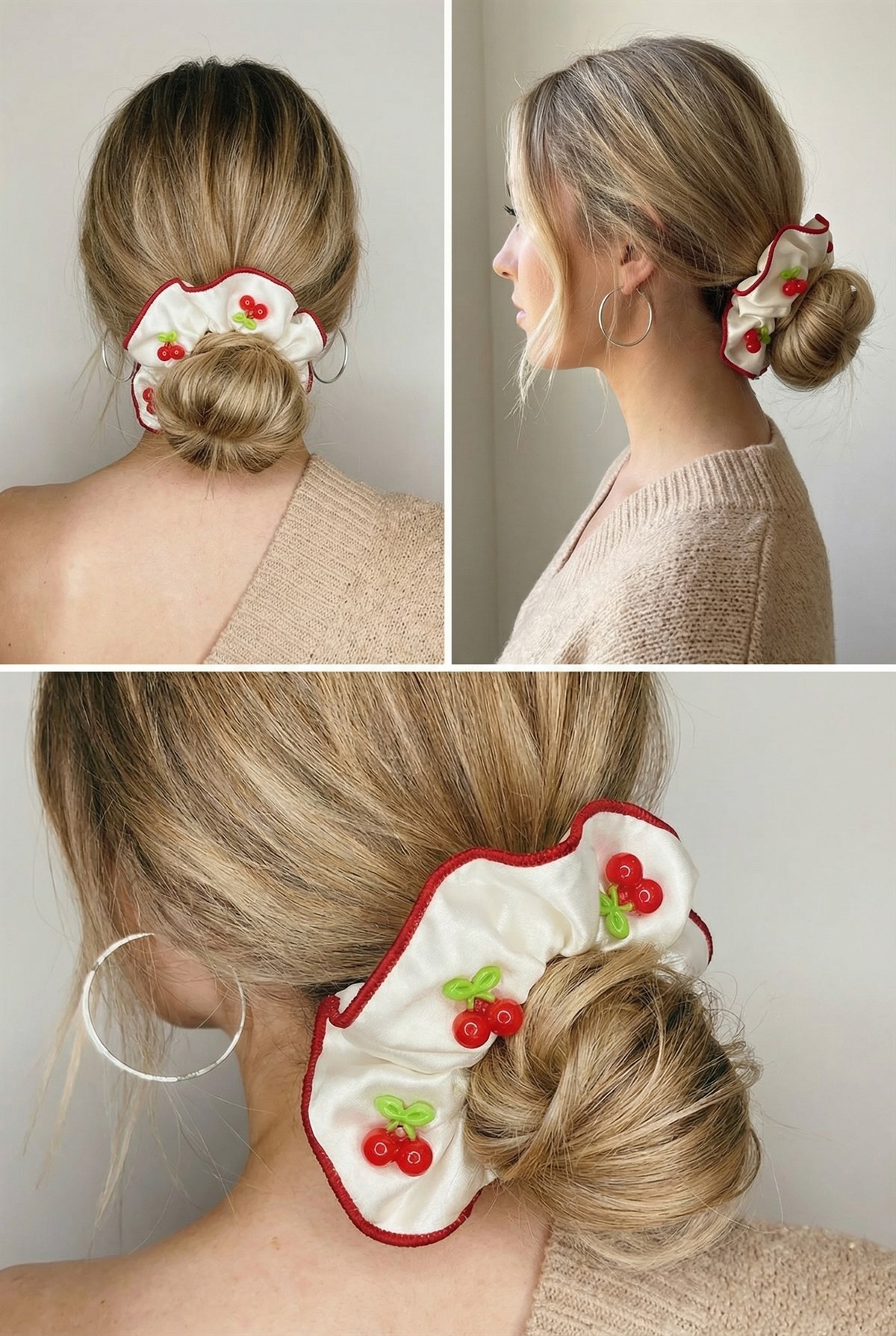 Satin Ecru Elastic Buckle With Cherry Accessories