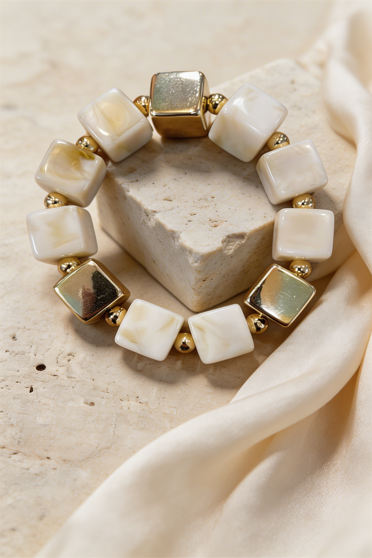 Ecru And Gold Bead Detailed Bracelet