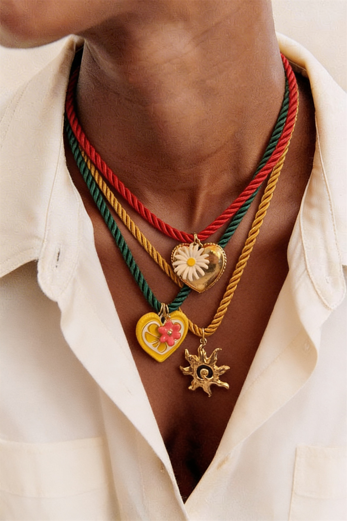 Womens Colorful Mixed Charm Detailed 3-Piece Necklace Set