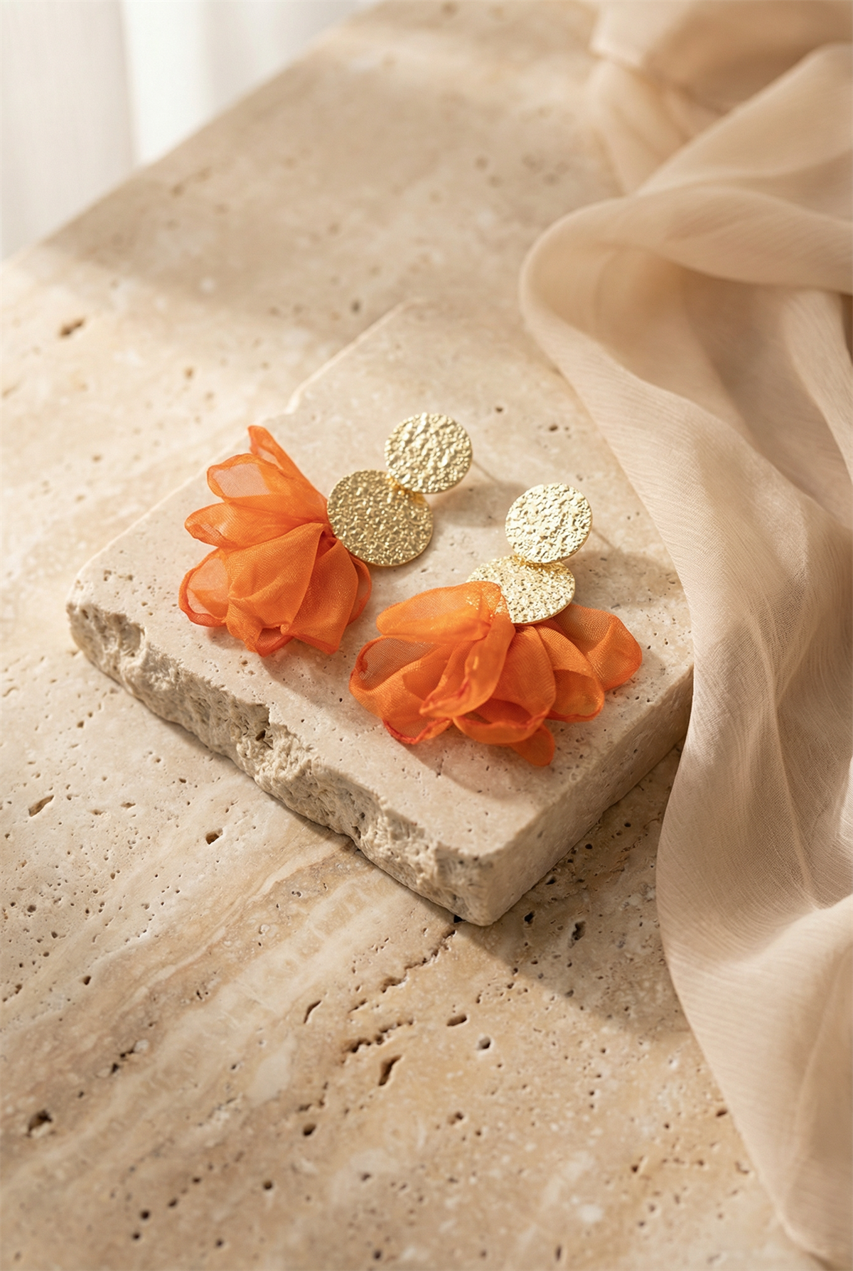 Womens Orange Tulle Detailed Gold Earrings