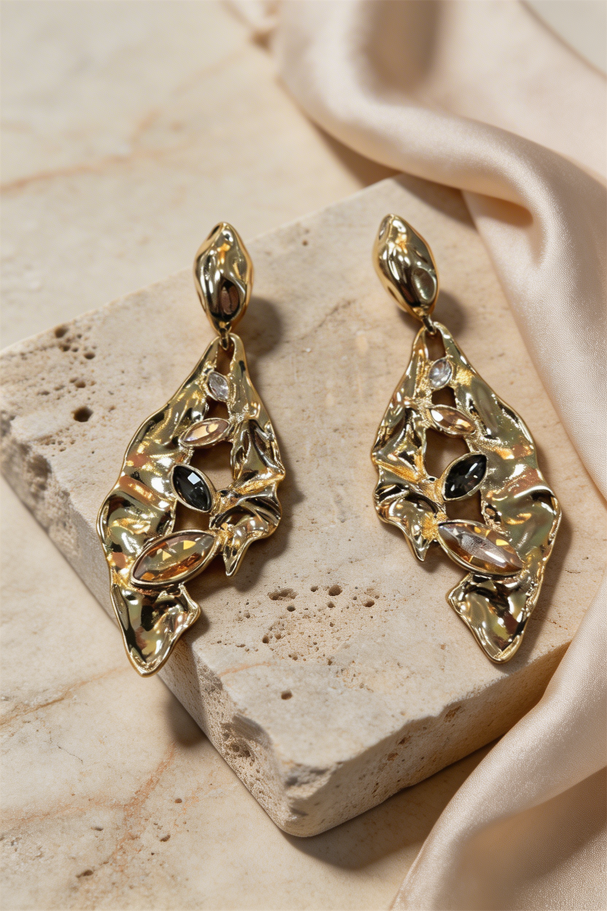 Womens Gold Stone Detailed Earrings