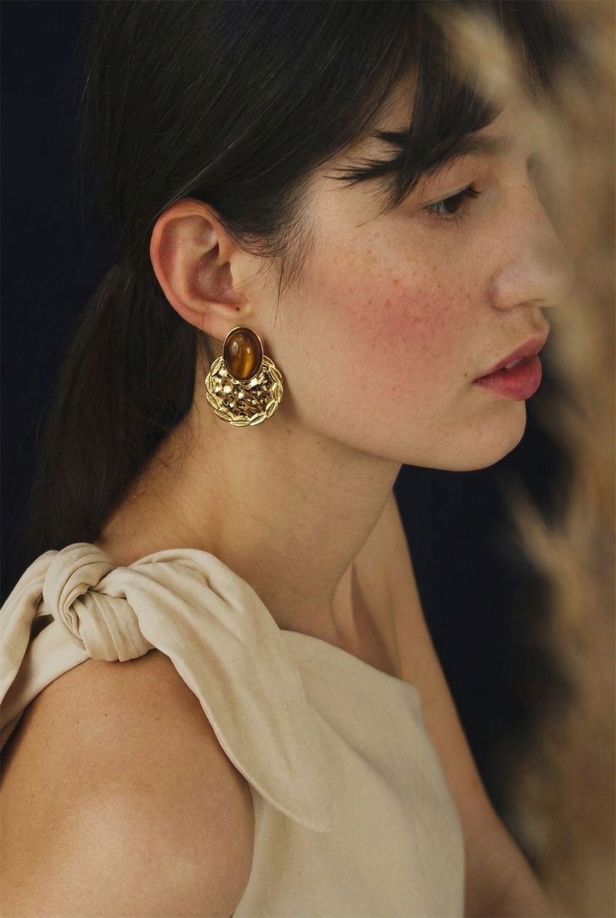 Womens Tiger Eye Stone Detailed Gold Earrings