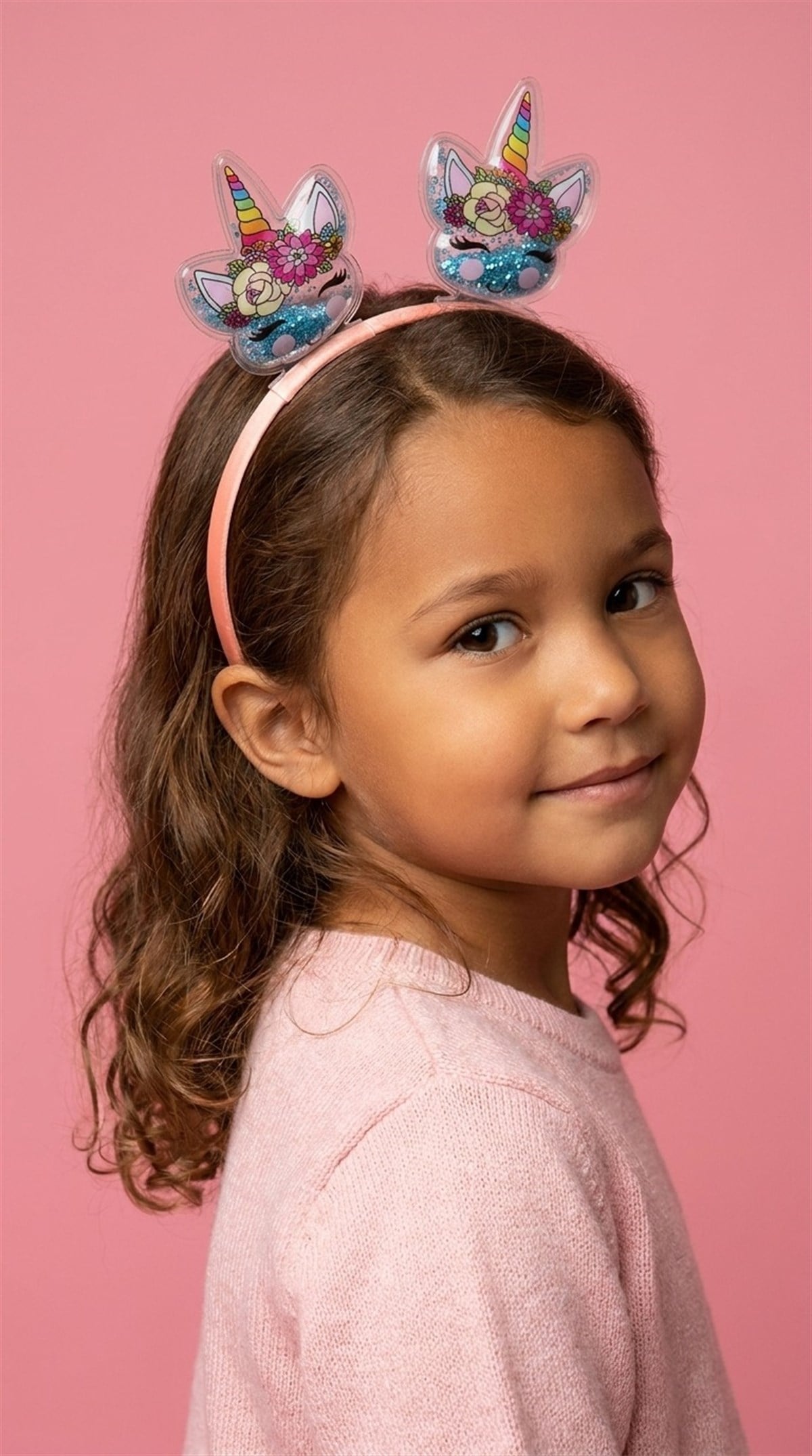 Kız Çocuk 3D Unicorn Parıltılı Pembe Mix Taç