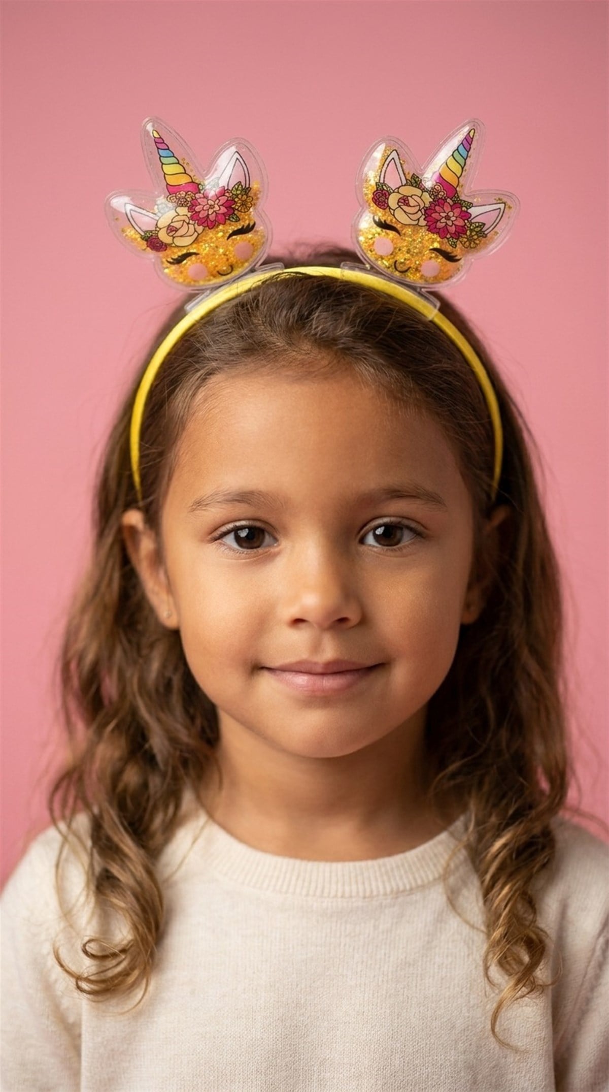 Kız Çocuk 3D Unicorn Parıltılı Sarı Taç