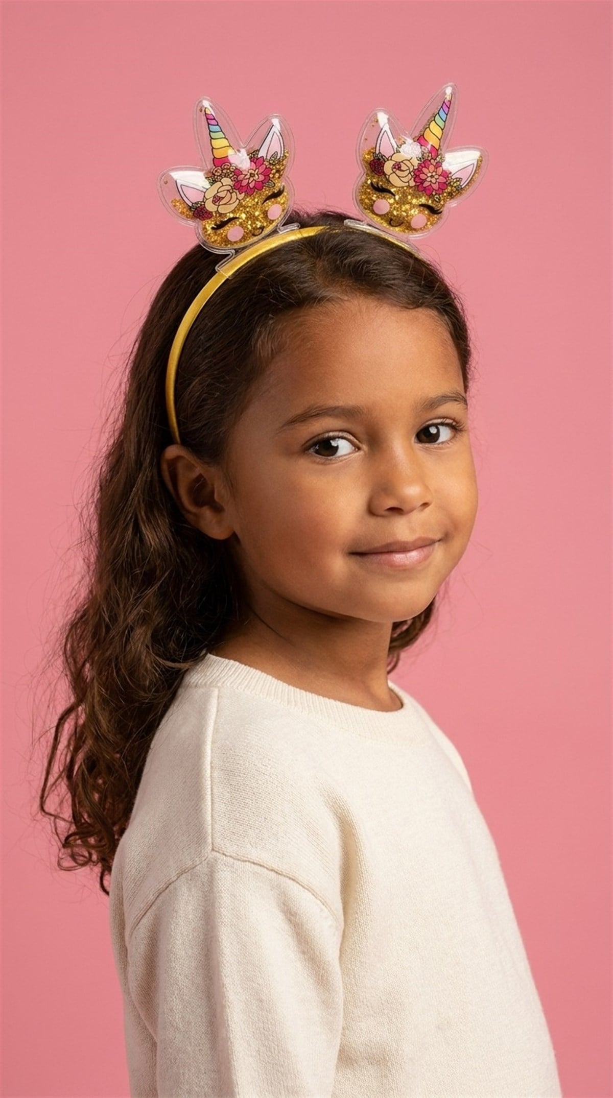 Kız Çocuk 3D Unicorn Parıltılı Sarı Taç