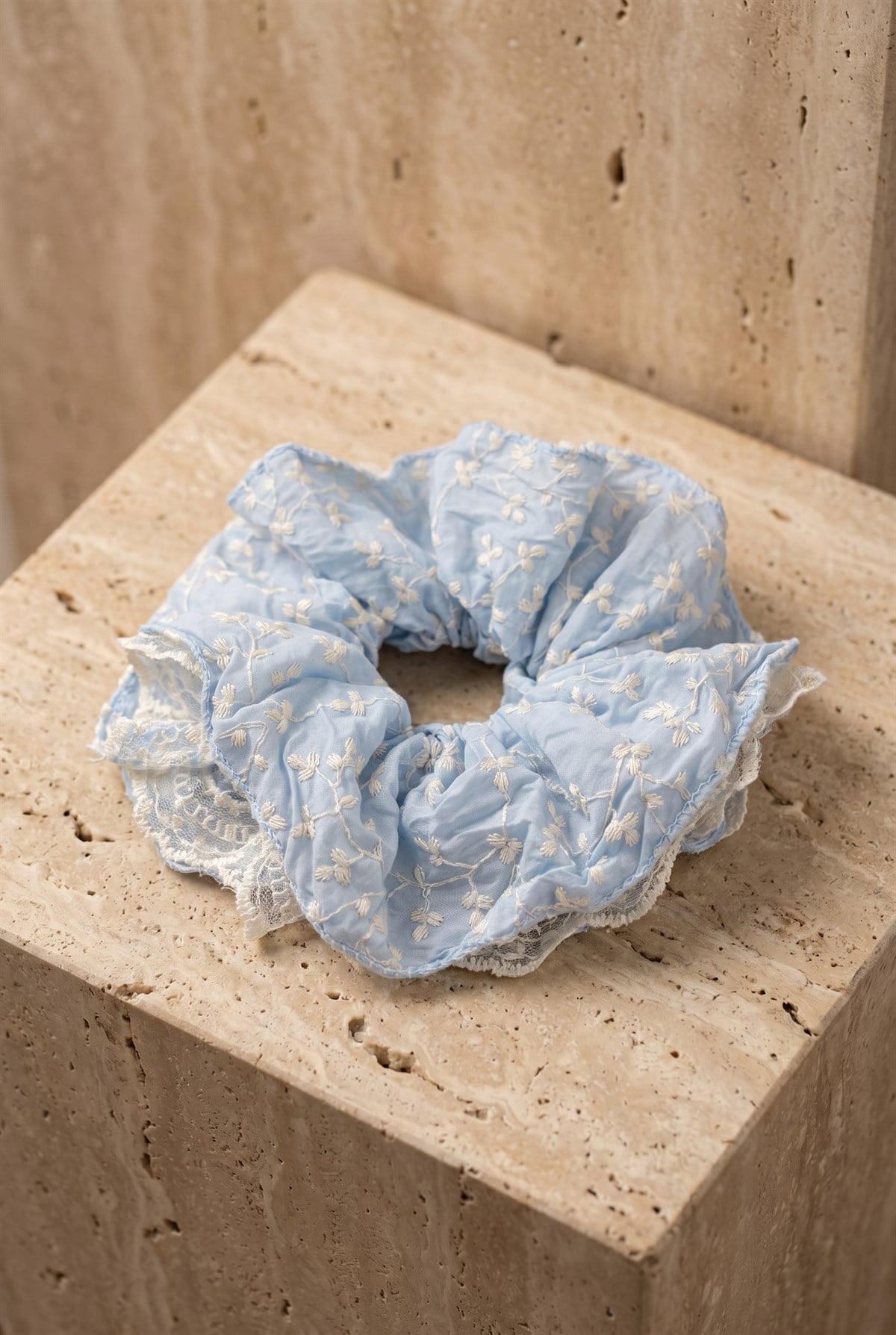 Mavi Dantelli Çift Kat Tüllü Scrunchie Toka