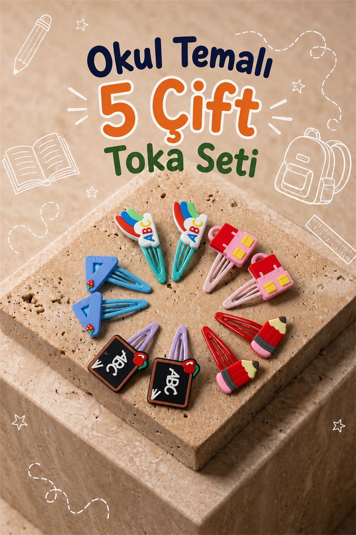 Kız Çocuk Okul Temalı 5 Çift Pens Toka Seti Renkli