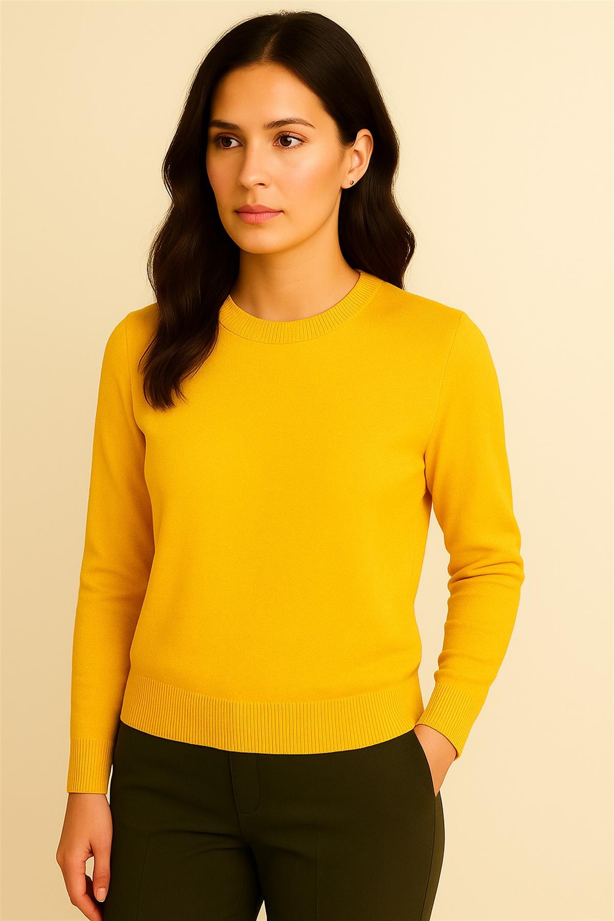 Kadın Premium Bisiklet Yaka Yumuşak Dokulu Triko Kazak Sarı