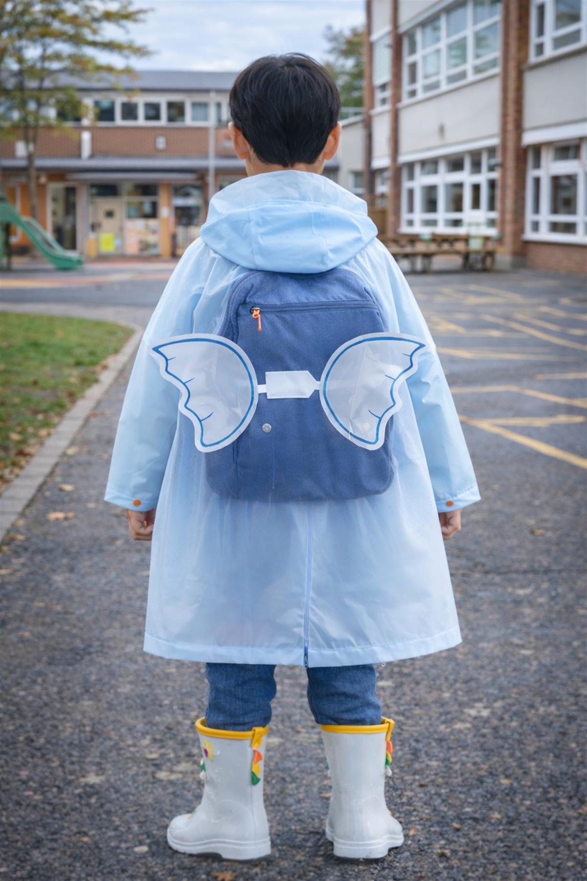 Boys Dinosaur Patterned Hat Raincoat Blue