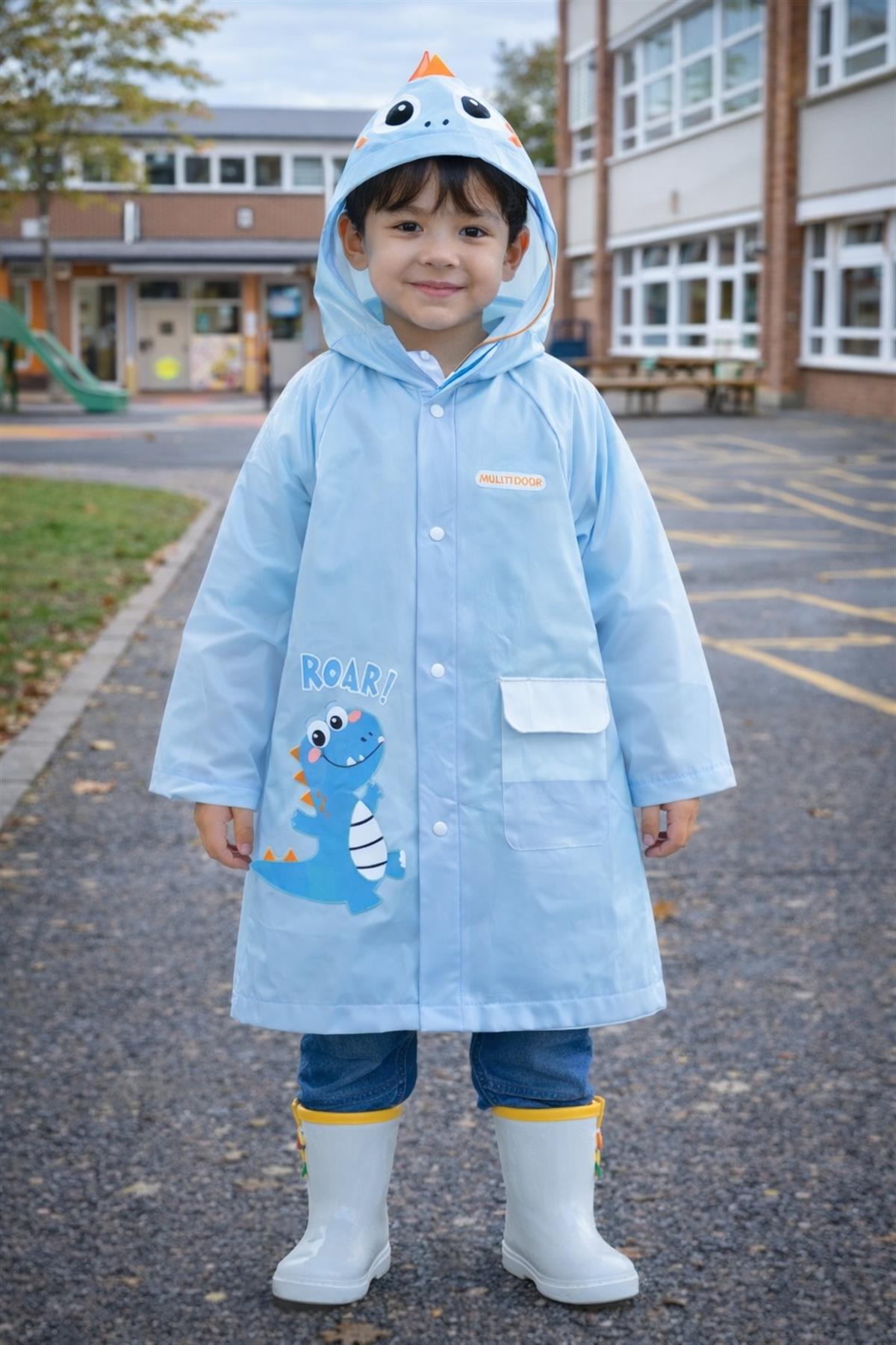 Boys Dinosaur Patterned Hat Raincoat Blue