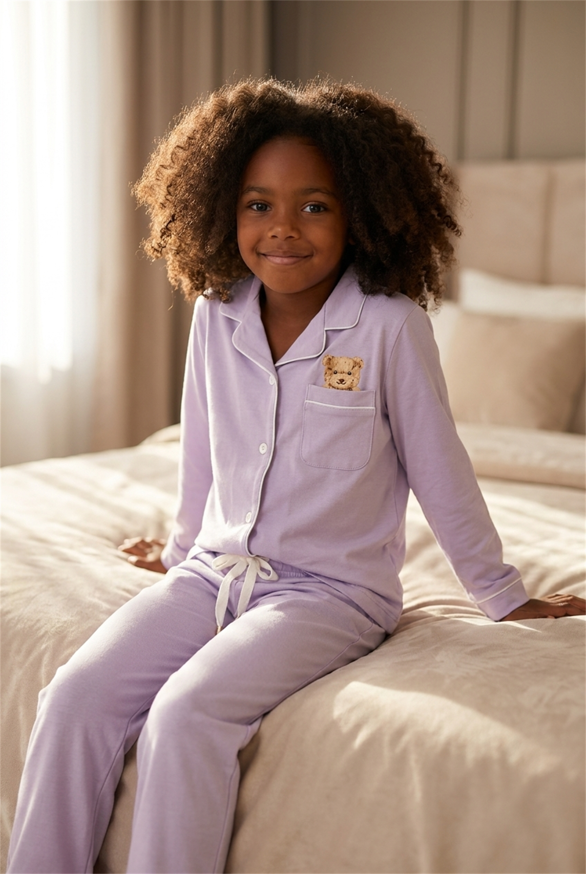 Teddy Kutulu Kız Çocuk Pijama Takımı Lila