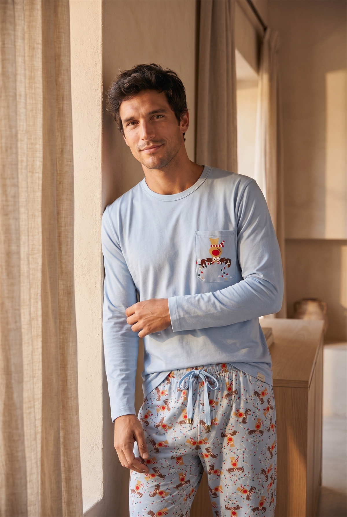 Erkek Sweet Dreams Kutulu Geyik Desenli Mavi Pijama Takımı