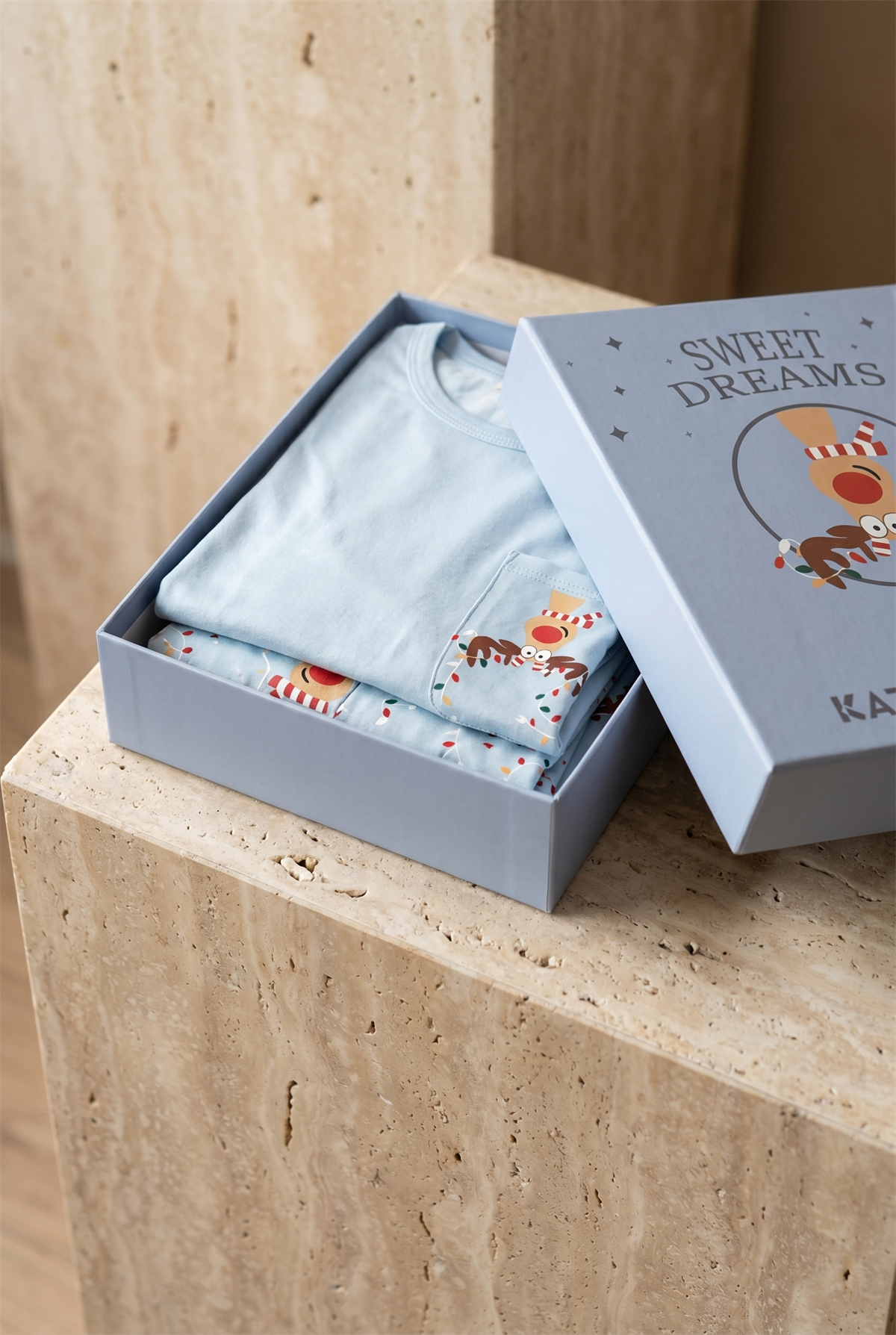 Erkek Sweet Dreams Kutulu Geyik Desenli Mavi Pijama Takımı