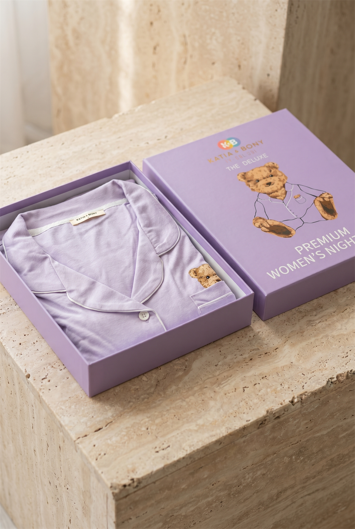 Kadın Teddy Desenli Kutulu Lila Pijama Takımı