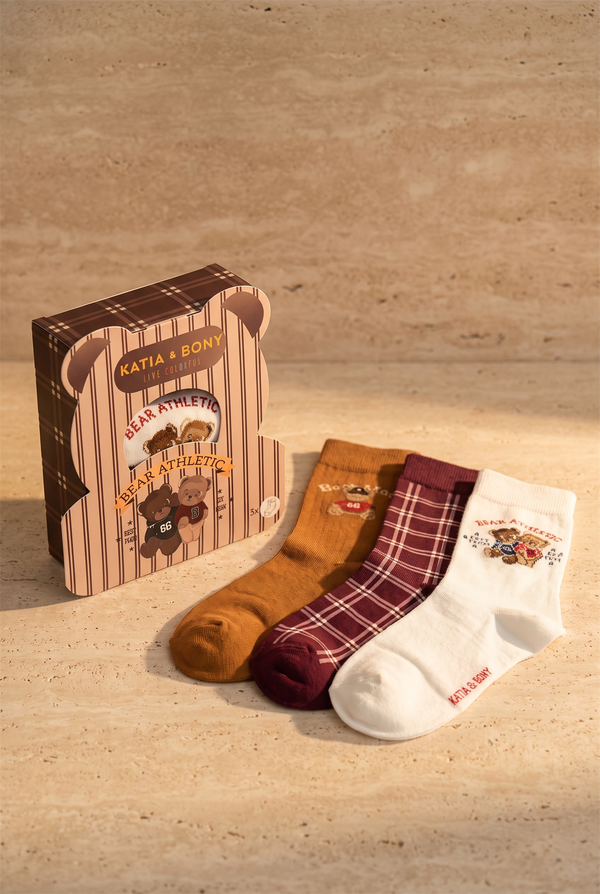 Unisex Bear Athletic Kutulu 3lü Teddy Desenli Pamuklu Soket Çorap