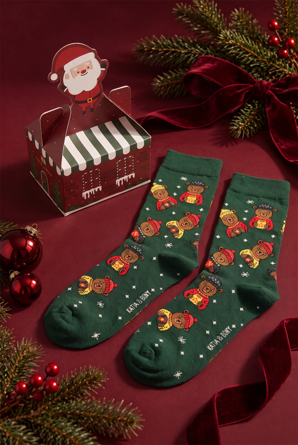 Unisex Noel Baba Kutulu Pamuklu Yeşil Yılbaşı Soket Çorabı