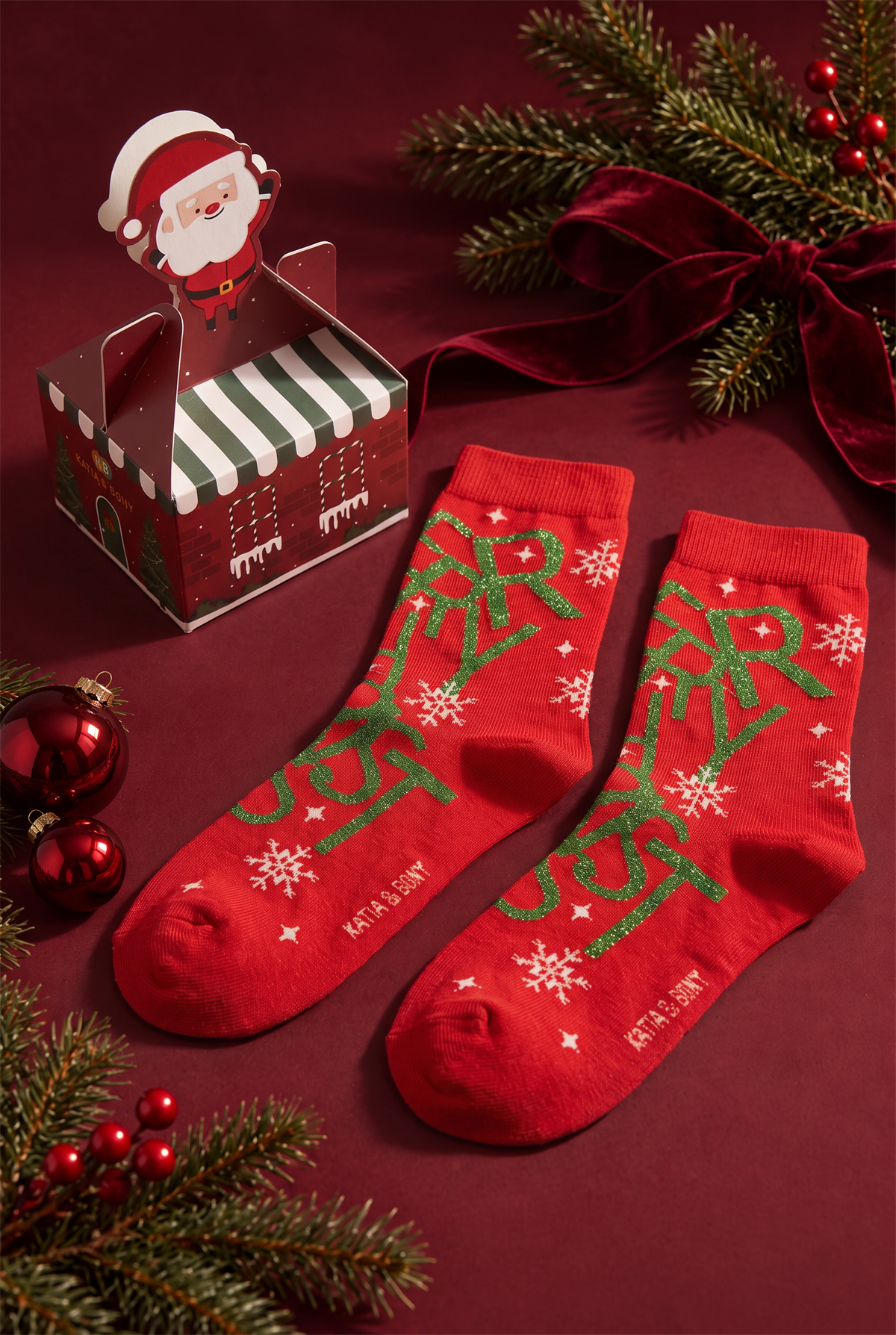 Unisex Noel Baba Kutulu Pamuklu Kırmızı Yılbaşı Soket Çorabı