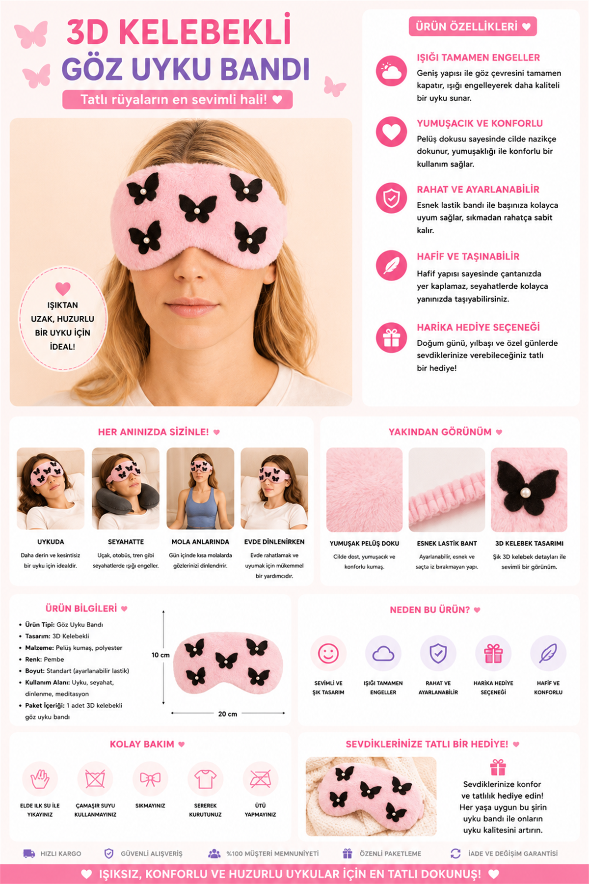 3D Kelebekli Göz Uyku Bandı Pembe
