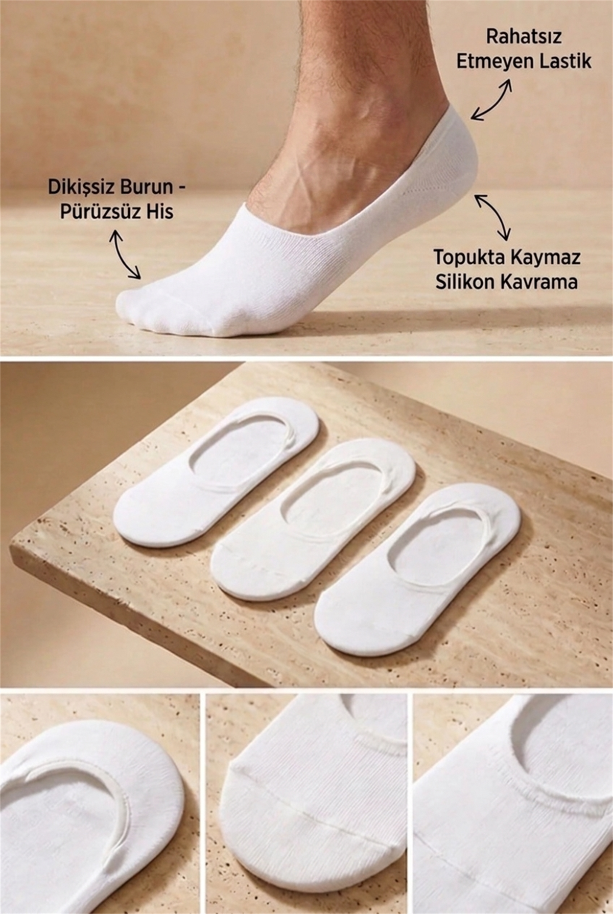3lü Paket Basic Erkek Görünmez Çorap Beyaz/Beyaz/Beyaz