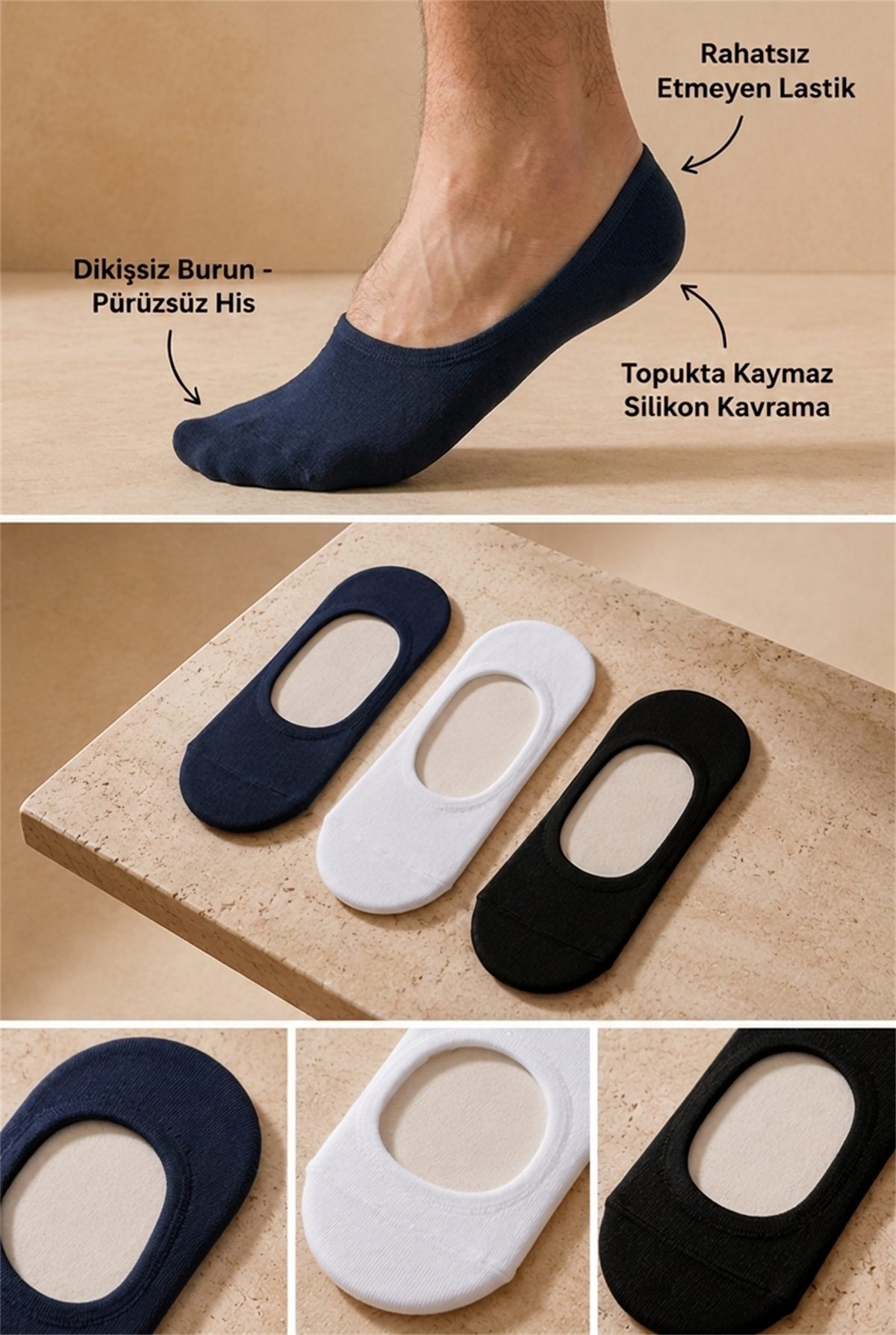 3lü Paket Basic Erkek Görünmez Çorap Beyaz/Lacivert/Siyah