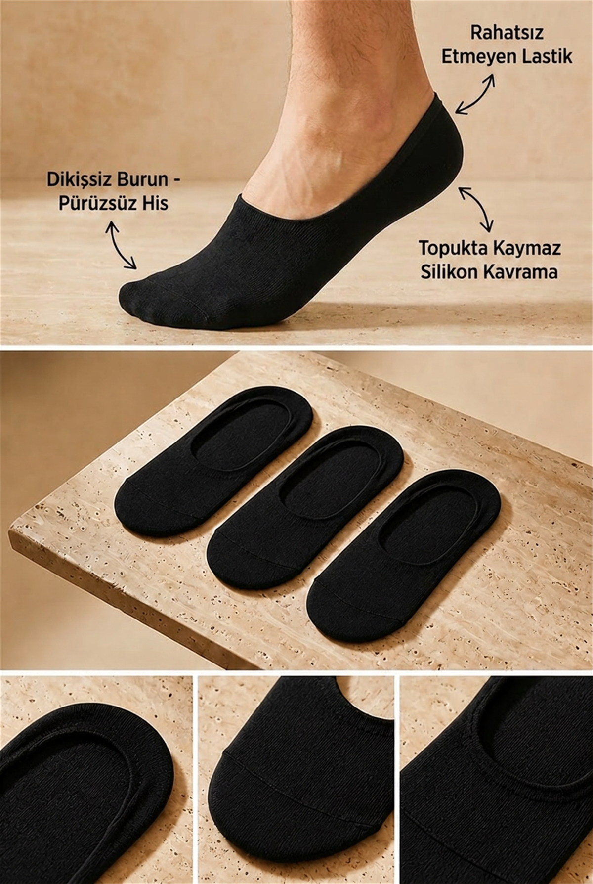 3lü Paket Basic Erkek Görünmez Çorap Siyah/Siyah/Siyah