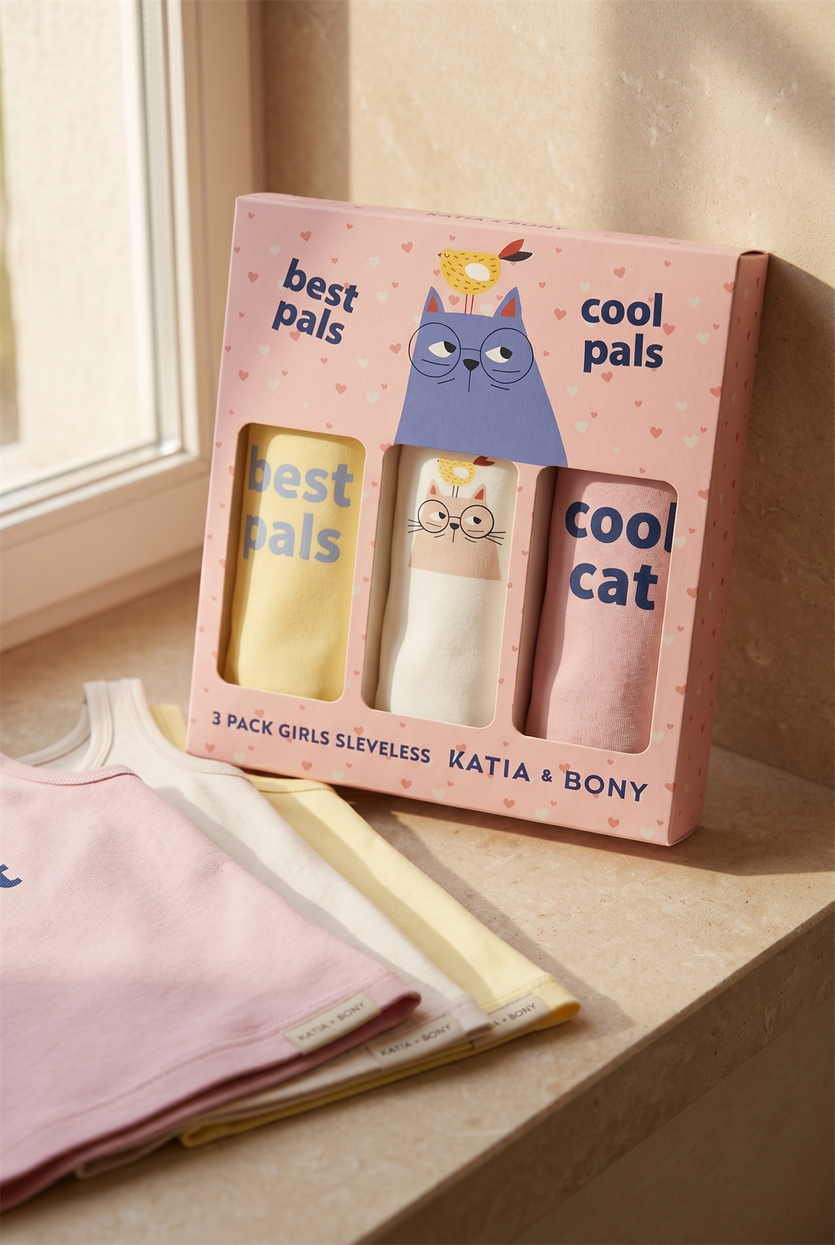 3'lü Paket Kedili Kız Çocuk Kutulu Atlet Pembe