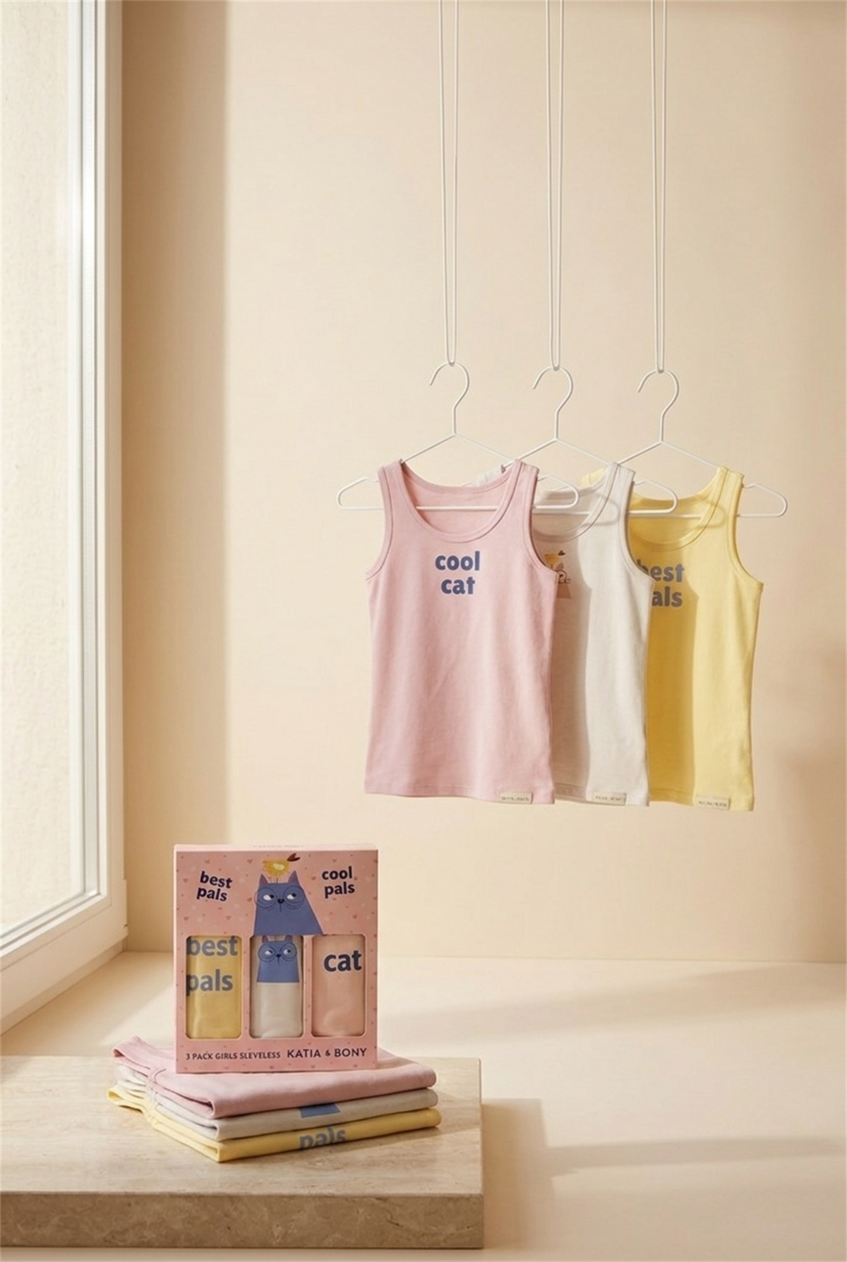 3lü Paket Kedili Kız Çocuk Kutulu Atlet Pembe