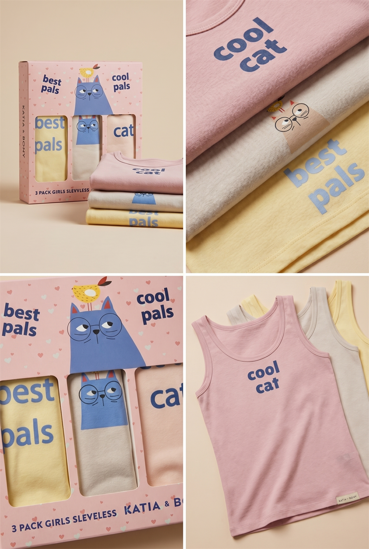3lü Paket Kedili Kız Çocuk Kutulu Atlet Pembe