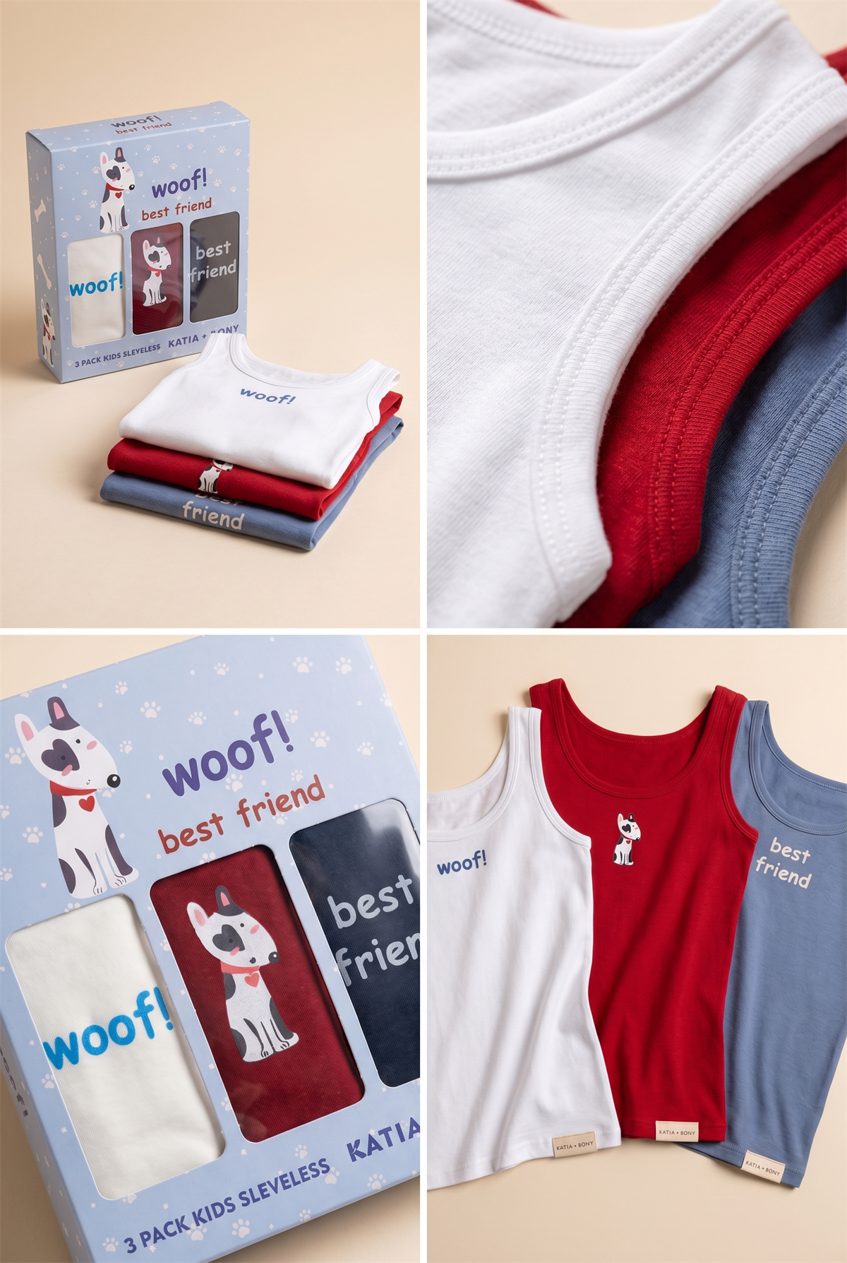 3lü Paket Köpek Desenli Çocuk Kutulu Atlet Kırmızı