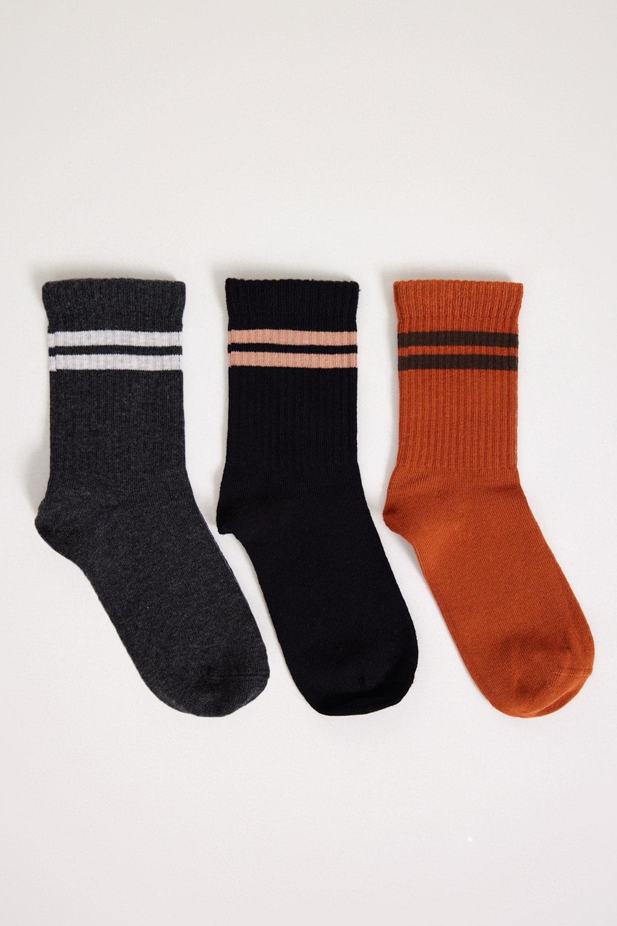 3lü Paket Şeritli Erkek Çocuk Soket Çorap Siyah Mix