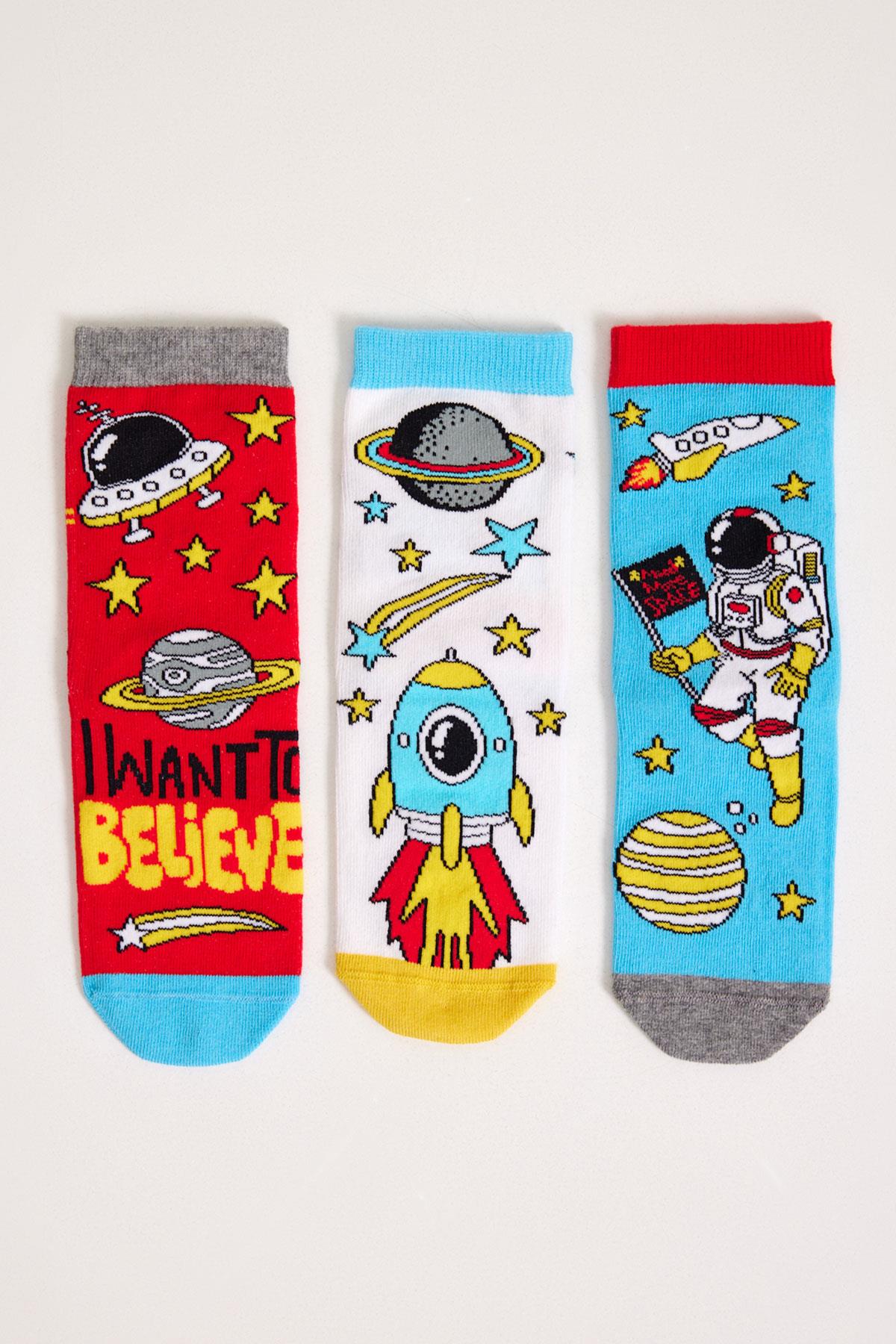 3lü Paket Space Erkek Çocuk Soket Çorap Desenli