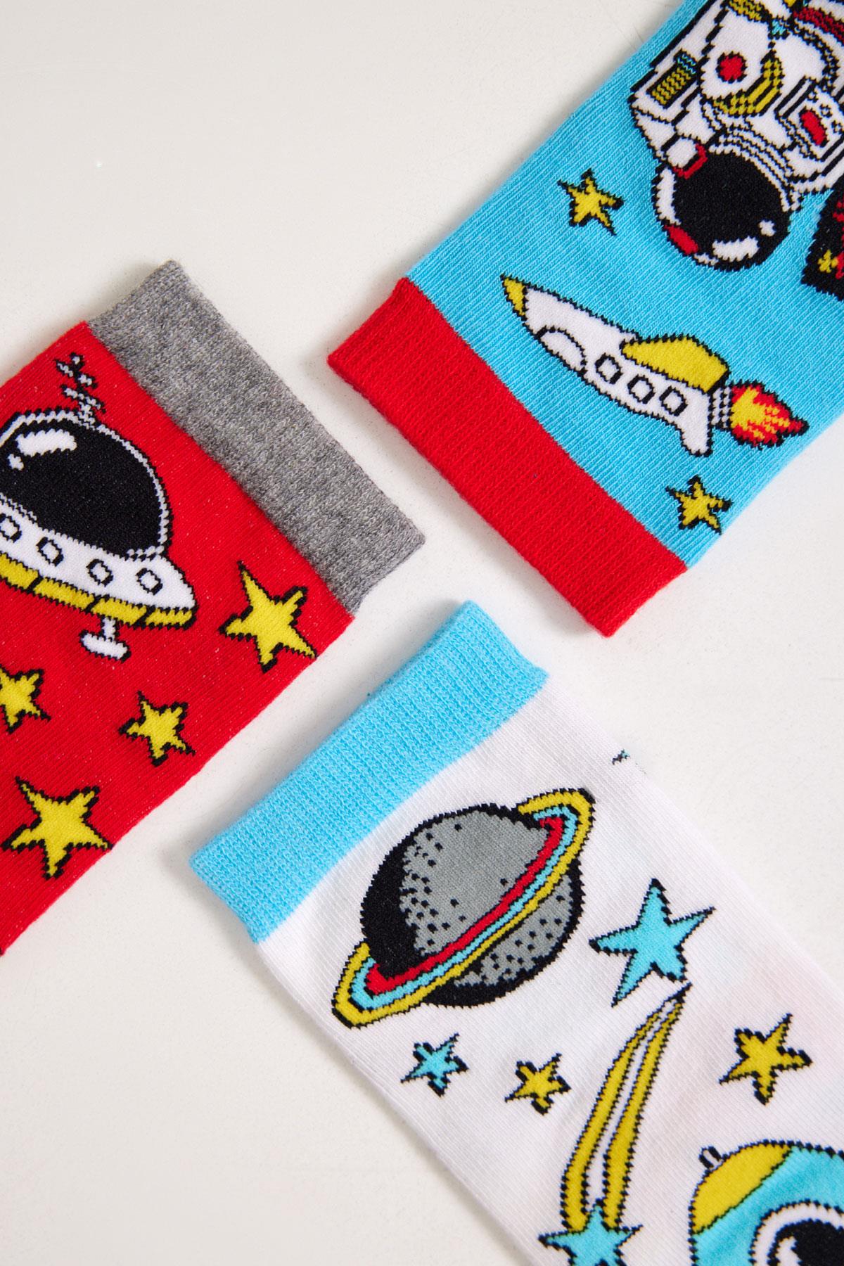 3lü Paket Space Erkek Çocuk Soket Çorap Desenli
