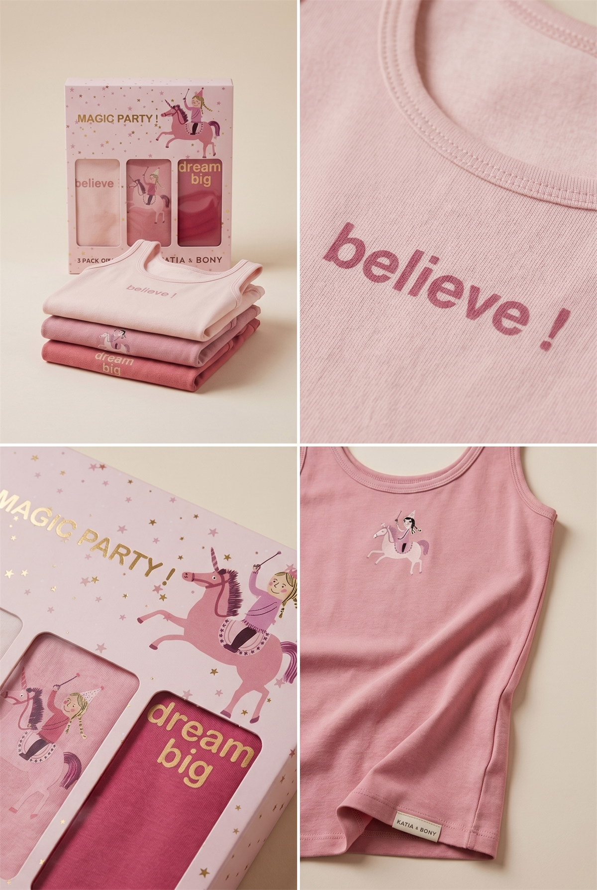 3lü Paket Unicorn Kız Çocuk Kutulu Atlet Pembe