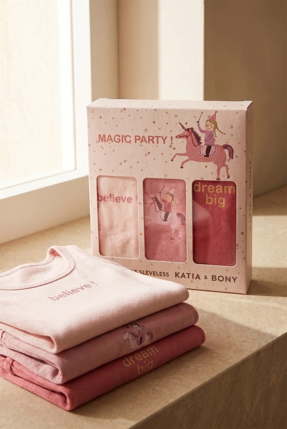 3'lü Paket Unicorn Kız Çocuk Kutulu Atlet Pembe